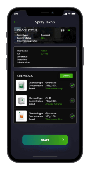 Spray Teknix app — job screen